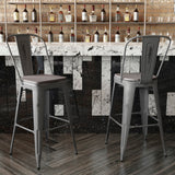 English Elm Commercial Grade Commercial Grade 30" High Silver Metal Indoor-Outdoor Barstool with Back with Poly Resin Wood Seat