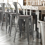 English Elm Commercial Grade Commercial Grade 30" High Silver Metal Indoor-Outdoor Barstool with Back with Poly Resin Wood Seat