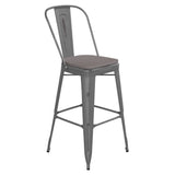 English Elm Commercial Grade Commercial Grade 30" High Silver Metal Indoor-Outdoor Barstool with Back with Poly Resin Wood Seat