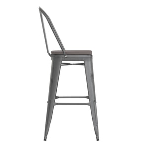 English Elm Commercial Grade Commercial Grade 30" High Silver Metal Indoor-Outdoor Barstool with Back with Poly Resin Wood Seat