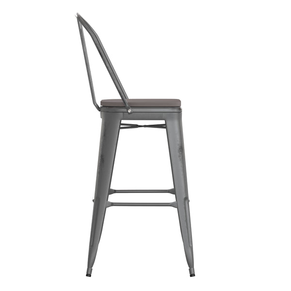 English Elm Commercial Grade Commercial Grade 30" High Silver Metal Indoor-Outdoor Barstool with Back with Poly Resin Wood Seat
