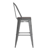 English Elm Commercial Grade Commercial Grade 30" High Silver Metal Indoor-Outdoor Barstool with Back with Poly Resin Wood Seat