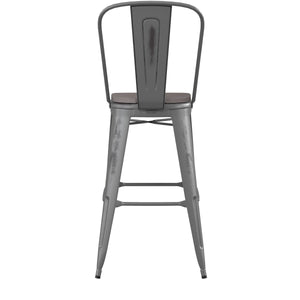English Elm Commercial Grade Commercial Grade 30" High Silver Metal Indoor-Outdoor Barstool with Back with Poly Resin Wood Seat