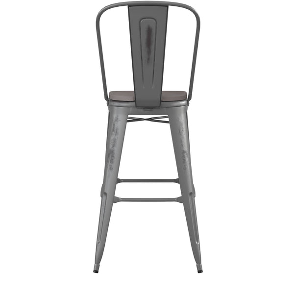 English Elm Commercial Grade Commercial Grade 30" High Silver Metal Indoor-Outdoor Barstool with Back with Poly Resin Wood Seat