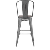 English Elm Commercial Grade Commercial Grade 30" High Silver Metal Indoor-Outdoor Barstool with Back with Poly Resin Wood Seat