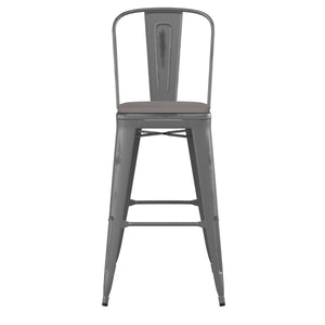 English Elm Commercial Grade Commercial Grade 30" High Silver Metal Indoor-Outdoor Barstool with Back with Poly Resin Wood Seat