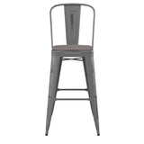 English Elm Commercial Grade Commercial Grade 30" High Silver Metal Indoor-Outdoor Barstool with Back with Poly Resin Wood Seat