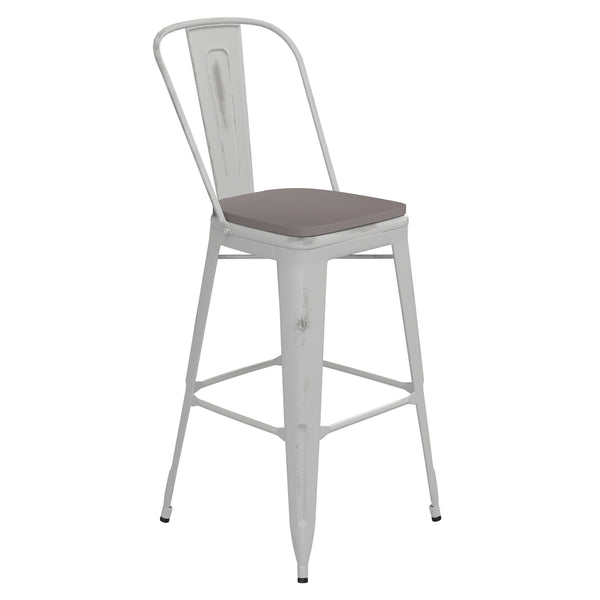 English Elm Commercial Grade Commercial Grade 30" High Metal Indoor-Outdoor Barstool with Back with Gray Poly Resin Wood Seat
