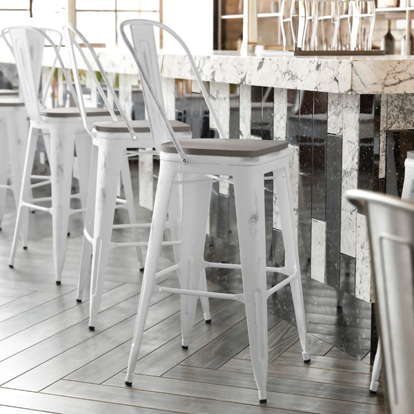 English Elm Commercial Grade Commercial Grade 30" High Metal Indoor-Outdoor Barstool with Back with Gray Poly Resin Wood Seat