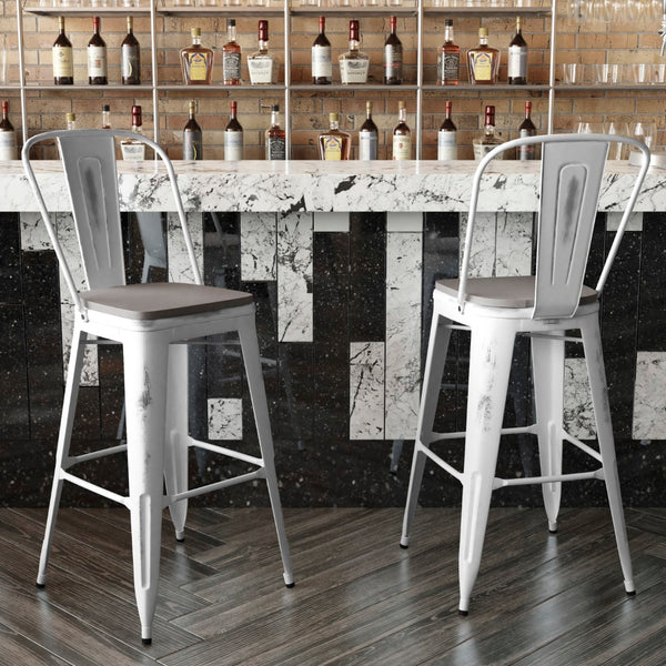 English Elm Commercial Grade Commercial Grade 30" High Metal Indoor-Outdoor Barstool with Back with Gray Poly Resin Wood Seat