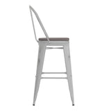 English Elm Commercial Grade Commercial Grade 30" High Metal Indoor-Outdoor Barstool with Back with Gray Poly Resin Wood Seat