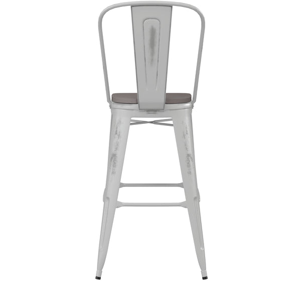 English Elm Commercial Grade Commercial Grade 30" High Metal Indoor-Outdoor Barstool with Back with Gray Poly Resin Wood Seat