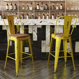 English Elm Commercial Grade Commercial Grade 30" High Metal Indoor-Outdoor Barstool with Back with Teak Poly Resin Wood Seat