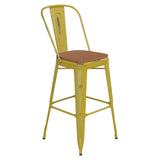 English Elm Commercial Grade Commercial Grade 30" High Metal Indoor-Outdoor Barstool with Back with Teak Poly Resin Wood Seat