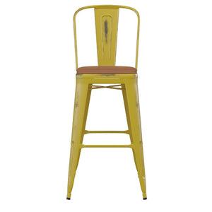 English Elm Commercial Grade Commercial Grade 30" High Metal Indoor-Outdoor Barstool with Back with Teak Poly Resin Wood Seat