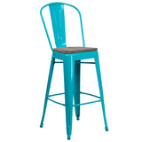 English Elm Commercial Grade 30" High Metal Barstool with Back and Wood Seat