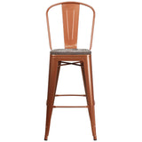 English Elm Commercial Grade 30" High Metal Barstool with Back and Wood Seat