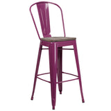 English Elm Commercial Grade 30" High Metal Barstool with Back and Wood Seat