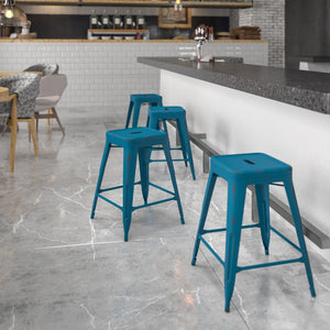 English Elm Commercial Grade Commercial Grade 24" High Backless Distressed Metal Indoor-Outdoor Counter Height Stool