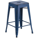 English Elm Commercial Grade Commercial Grade 24" High Backless Distressed Metal Indoor-Outdoor Counter Height Stool