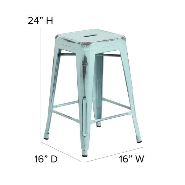 English Elm Commercial Grade Commercial Grade 24" High Backless Distressed Metal Indoor-Outdoor Counter Height Stool