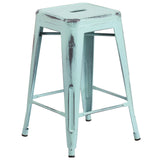 English Elm Commercial Grade Commercial Grade 24" High Backless Distressed Metal Indoor-Outdoor Counter Height Stool