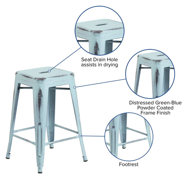 English Elm Commercial Grade Commercial Grade 24" High Backless Distressed Metal Indoor-Outdoor Counter Height Stool