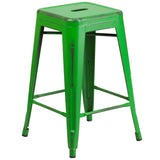 English Elm Commercial Grade Commercial Grade 24" High Backless Distressed Metal Indoor-Outdoor Counter Height Stool