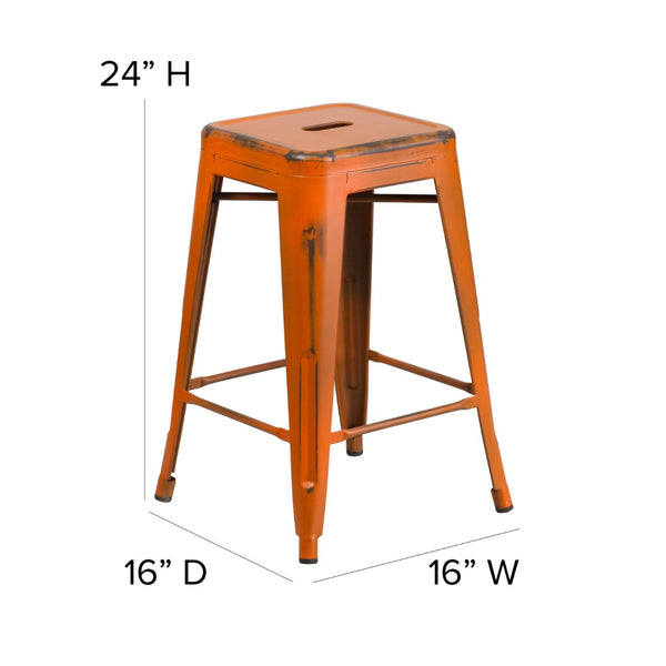 English Elm Commercial Grade Commercial Grade 24" High Backless Distressed Metal Indoor-Outdoor Counter Height Stool