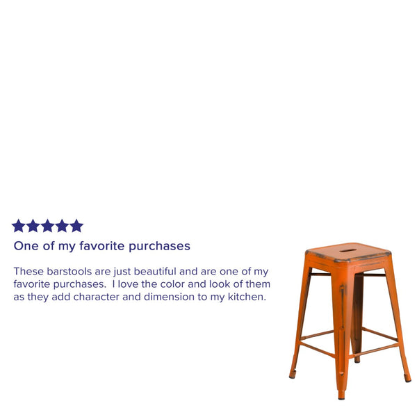 English Elm Commercial Grade Commercial Grade 24" High Backless Distressed Metal Indoor-Outdoor Counter Height Stool