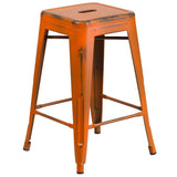 English Elm Commercial Grade Commercial Grade 24" High Backless Distressed Metal Indoor-Outdoor Counter Height Stool