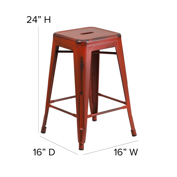 English Elm Commercial Grade Commercial Grade 24" High Backless Distressed Metal Indoor-Outdoor Counter Height Stool