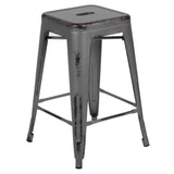 English Elm Commercial Grade Commercial Grade 24" High Backless Distressed Metal Indoor-Outdoor Counter Height Stool