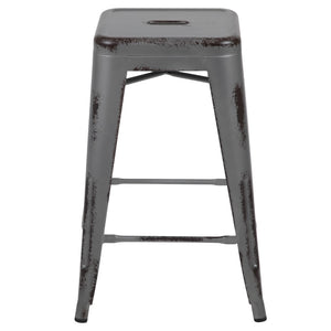 English Elm Commercial Grade Commercial Grade 24" High Backless Distressed Metal Indoor-Outdoor Counter Height Stool