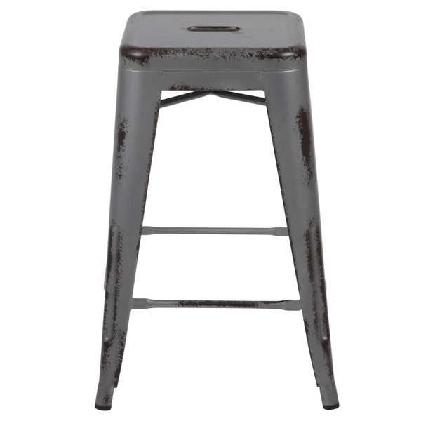 English Elm Commercial Grade Commercial Grade 24" High Backless Distressed Metal Indoor-Outdoor Counter Height Stool