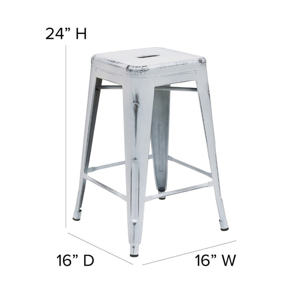 English Elm Commercial Grade Commercial Grade 24" High Backless Distressed Metal Indoor-Outdoor Counter Height Stool