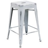 English Elm Commercial Grade Commercial Grade 24" High Backless Distressed Metal Indoor-Outdoor Counter Height Stool