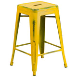 English Elm Commercial Grade Commercial Grade 24" High Backless Distressed Metal Indoor-Outdoor Counter Height Stool