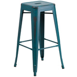 English Elm Commercial Grade Commercial Grade 30" High Backless Distressed Metal Indoor-Outdoor Barstool