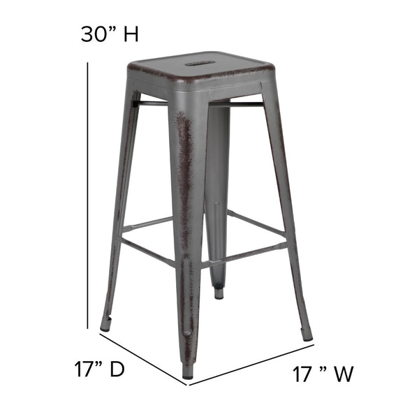 English Elm Commercial Grade Commercial Grade 30" High Backless Distressed Metal Indoor-Outdoor Barstool