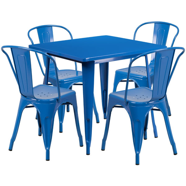 English Elm Commercial Grade Commercial Grade 31.5" Square Metal Indoor-Outdoor Table Set with 4 Stack Chairs