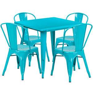 English Elm Commercial Grade Commercial Grade 31.5" Square Metal Indoor-Outdoor Table Set with 4 Stack Chairs