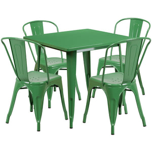 English Elm Commercial Grade Commercial Grade 31.5" Square Metal Indoor-Outdoor Table Set with 4 Stack Chairs