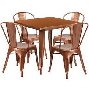 English Elm Commercial Grade Commercial Grade 31.5" Square Metal Indoor-Outdoor Table Set with 4 Stack Chairs
