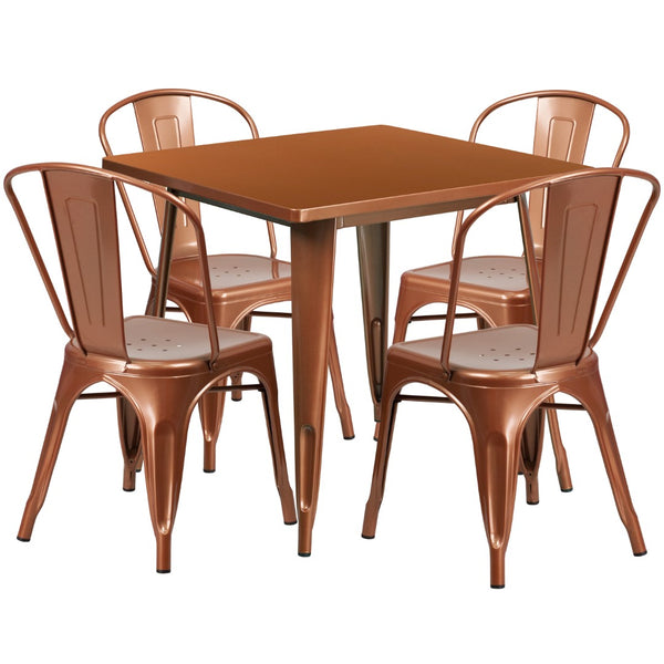 English Elm Commercial Grade Commercial Grade 31.5" Square Metal Indoor-Outdoor Table Set with 4 Stack Chairs