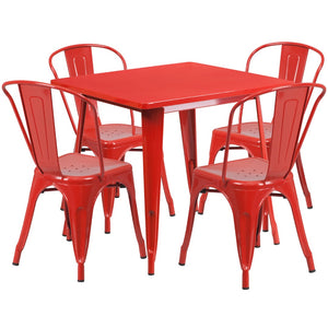 English Elm Commercial Grade Commercial Grade 31.5" Square Metal Indoor-Outdoor Table Set with 4 Stack Chairs