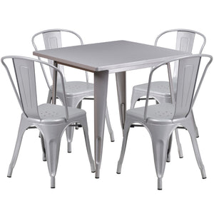English Elm Commercial Grade Commercial Grade 31.5" Square Metal Indoor-Outdoor Table Set with 4 Stack Chairs