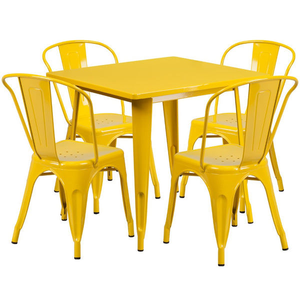 English Elm Commercial Grade Commercial Grade 31.5" Square Metal Indoor-Outdoor Table Set with 4 Stack Chairs