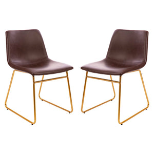 English Elm Commercial Grade 18 inch Dining Table Height Chair, Mid-Back Sled Base Dining Chair in Dark LeatherSoft with Gold Frame - Set of 2
