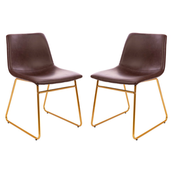 English Elm Commercial Grade 18 inch Dining Table Height Chair, Mid-Back Sled Base Dining Chair in Dark LeatherSoft with Gold Frame - Set of 2